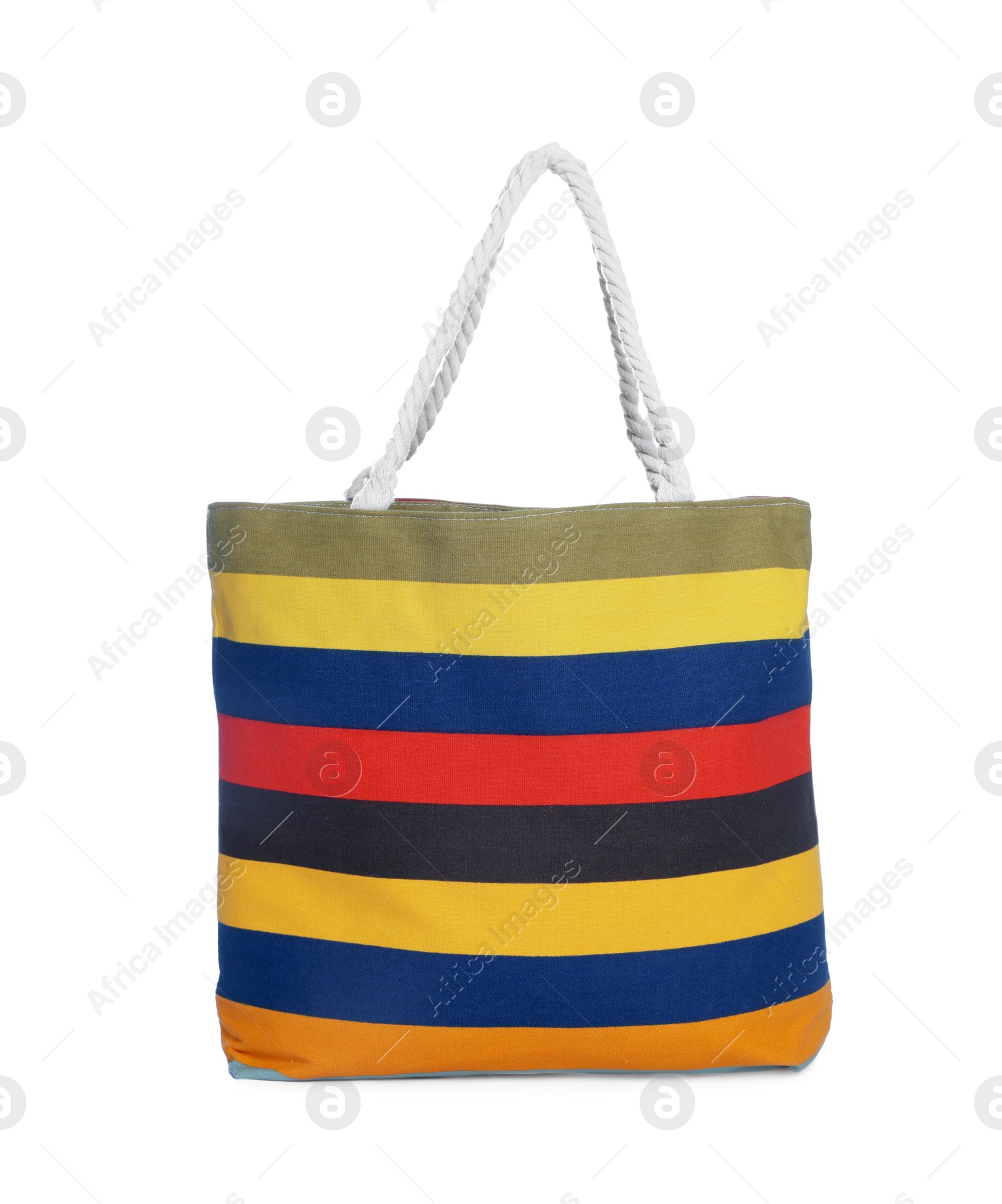 Photo of Stylish striped beach bag isolated on white