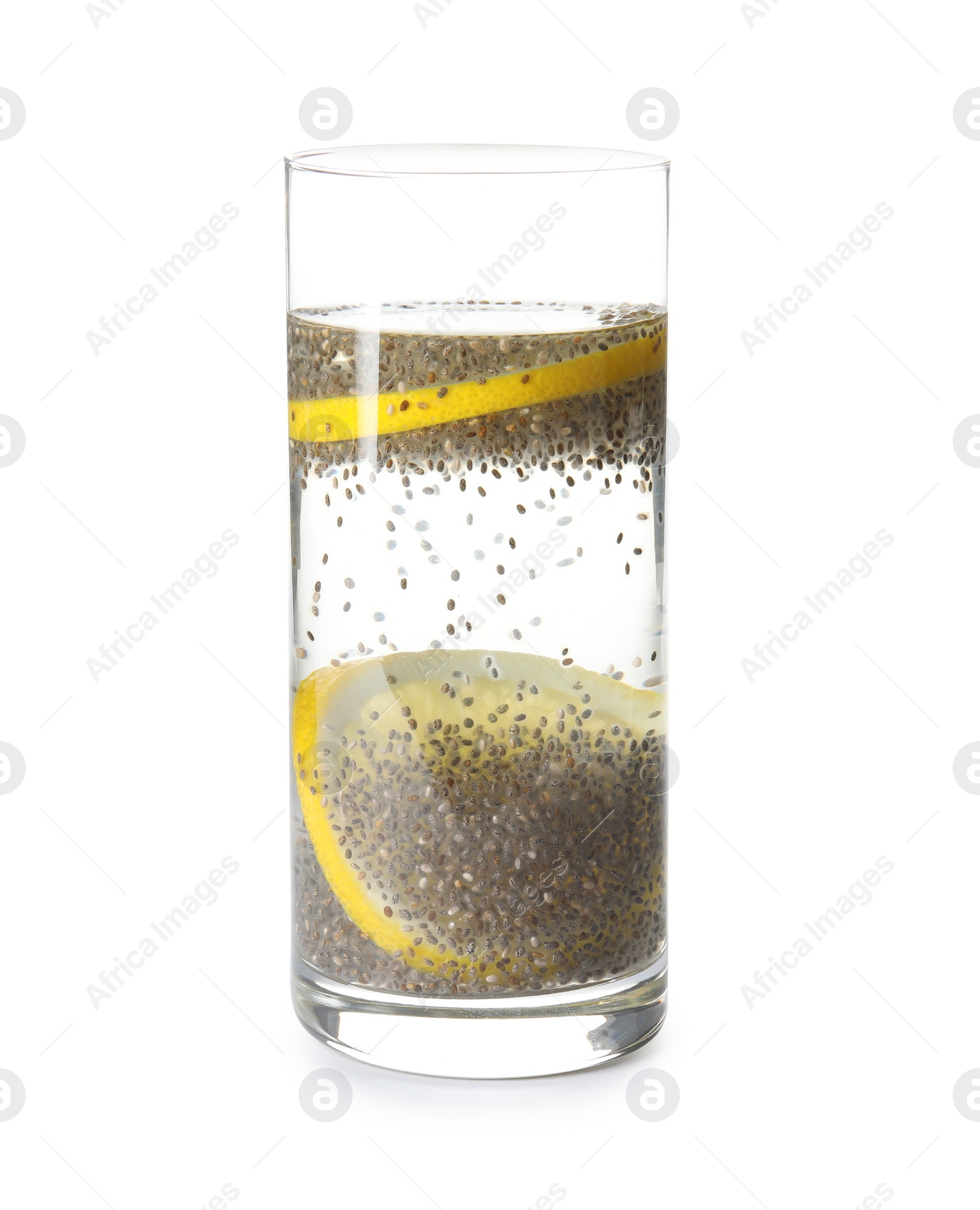 Photo of Glass of water with chia seeds on white background