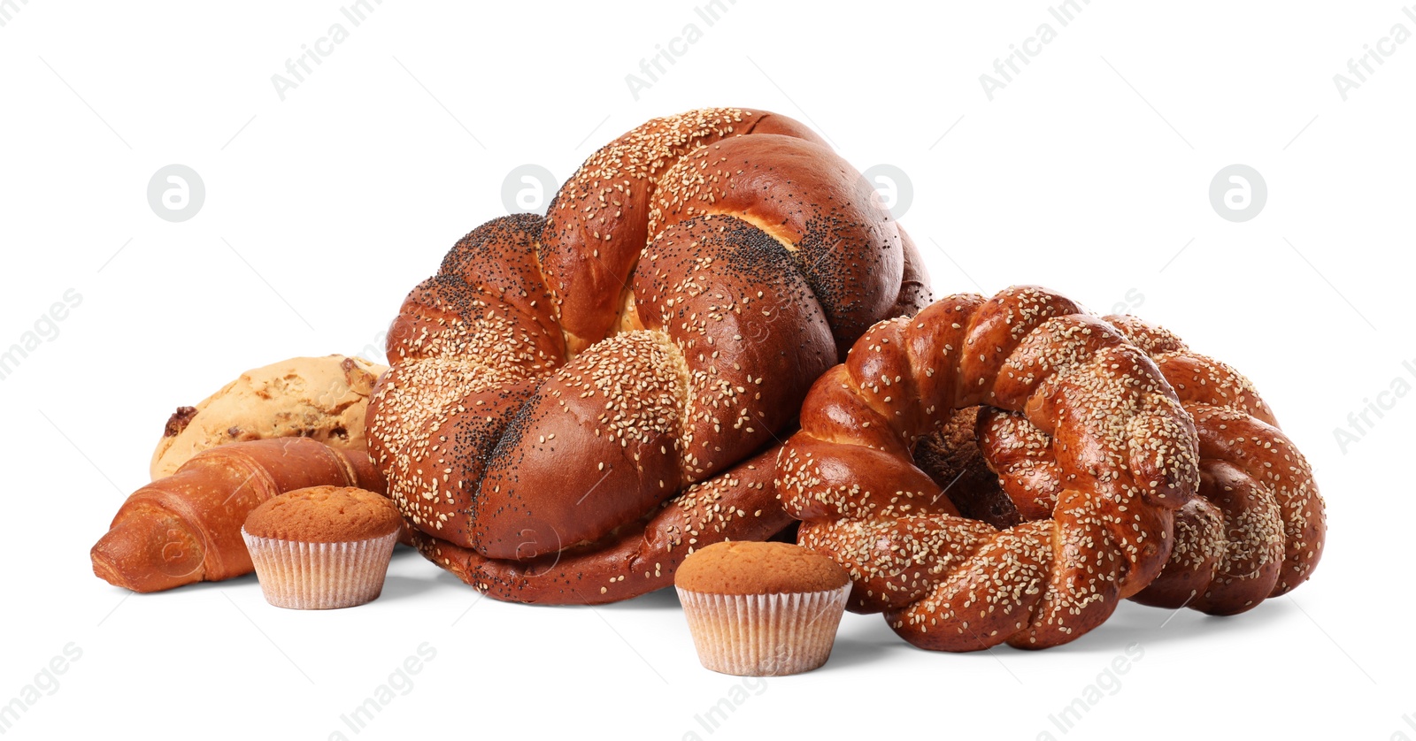 Photo of Different tasty freshly baked pastries isolated on white