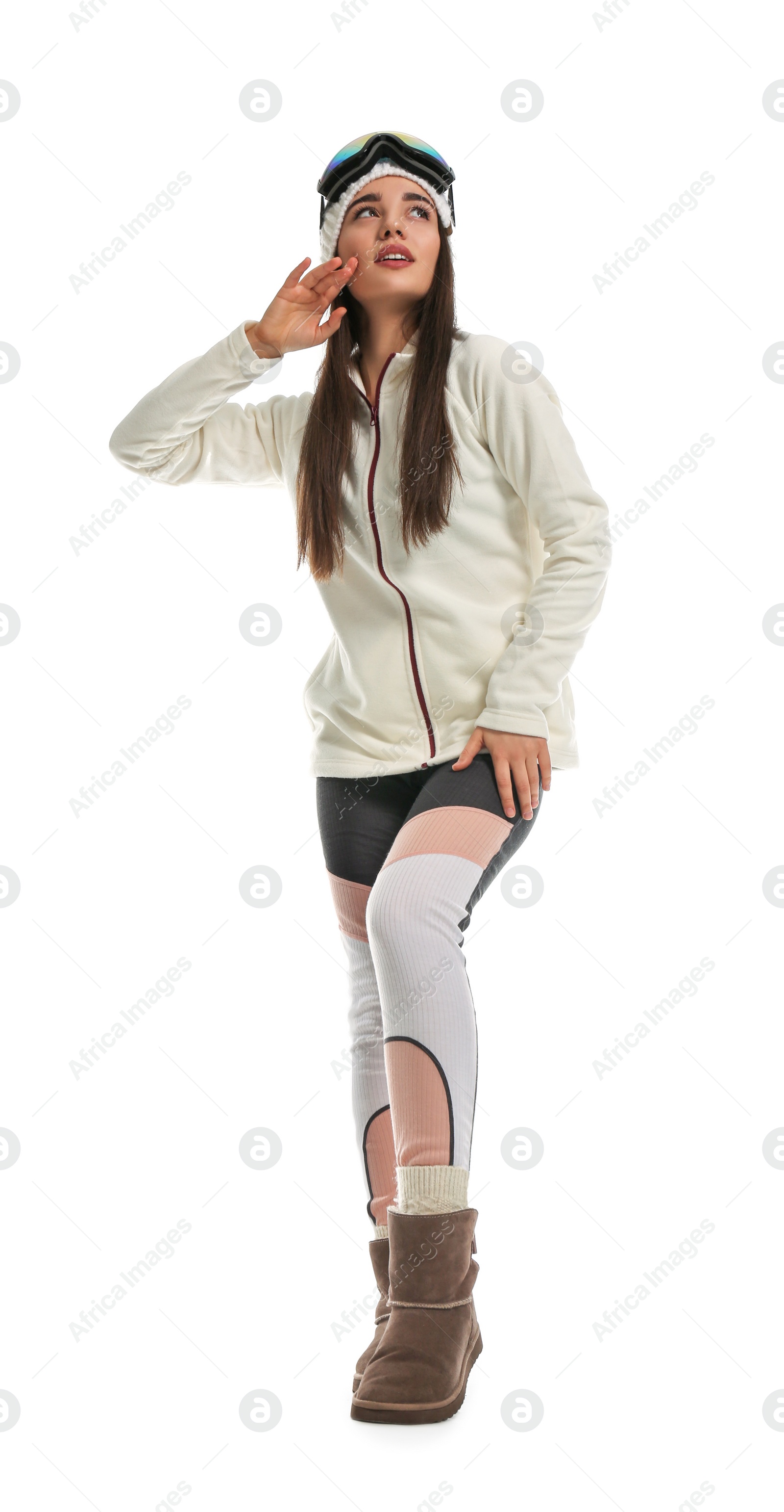 Photo of Woman wearing stylish winter sport clothes on white background