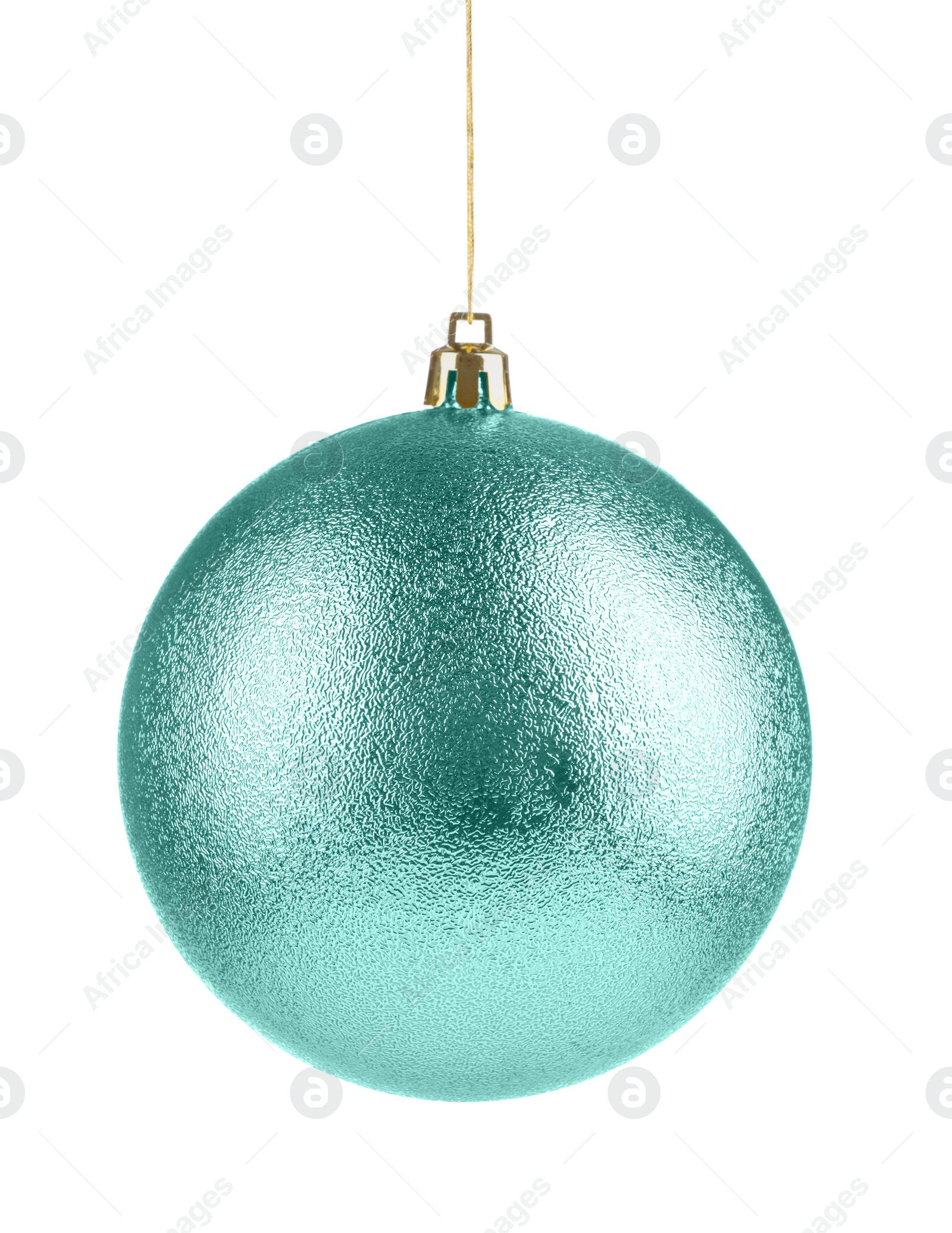 Image of Turquoise Christmas ball hanging on white background