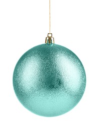 Image of Turquoise Christmas ball hanging on white background