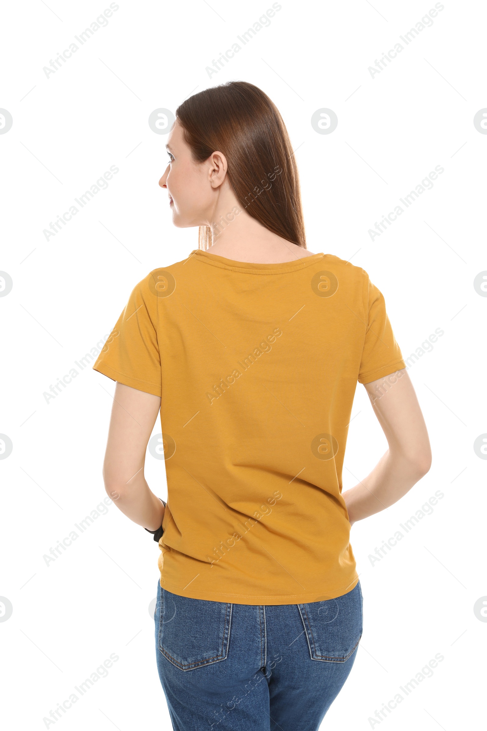 Photo of Young woman in t-shirt on white background. Mock up for design