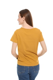 Young woman in t-shirt on white background. Mock up for design