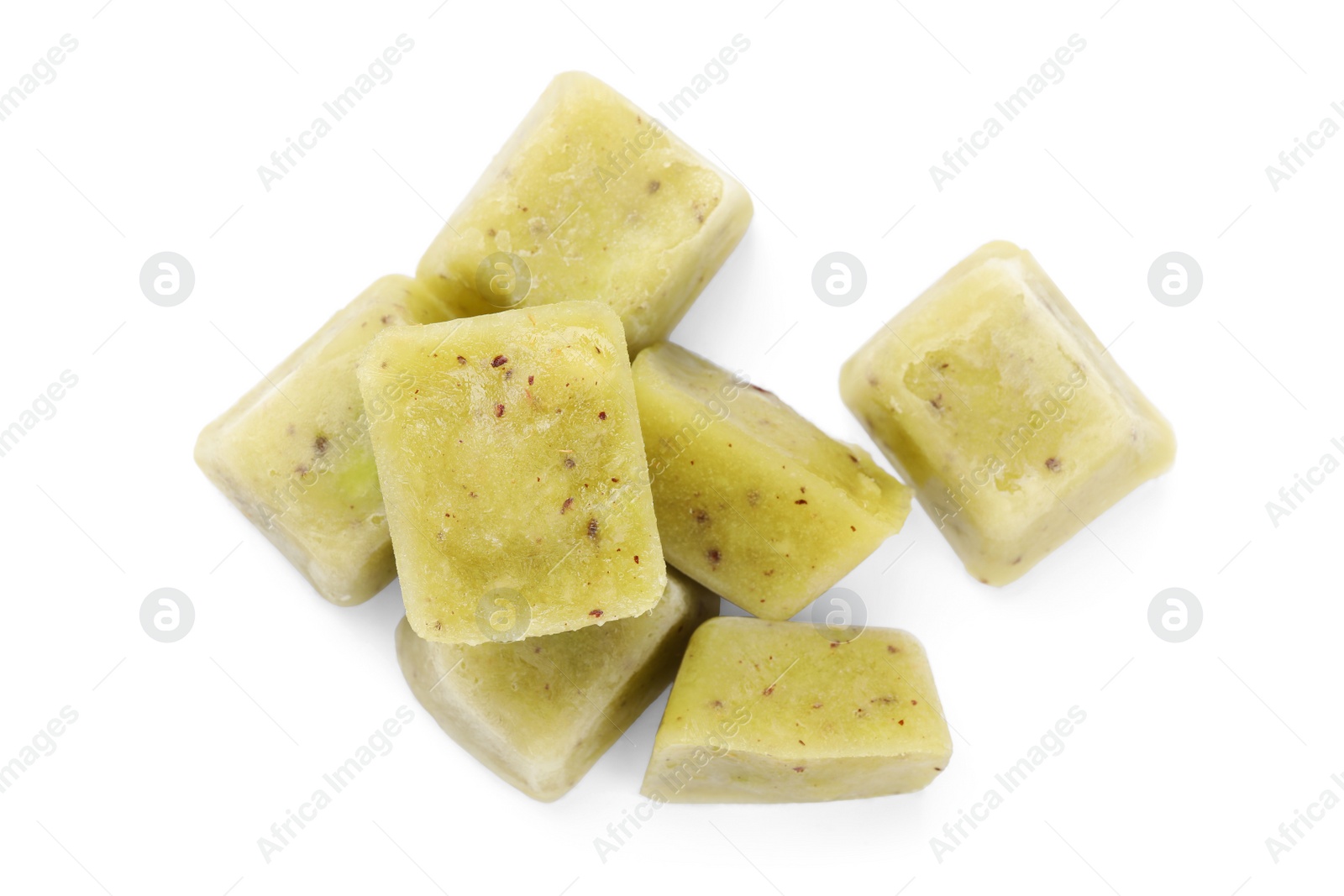 Photo of Frozen fruit puree cubes on white background, top view