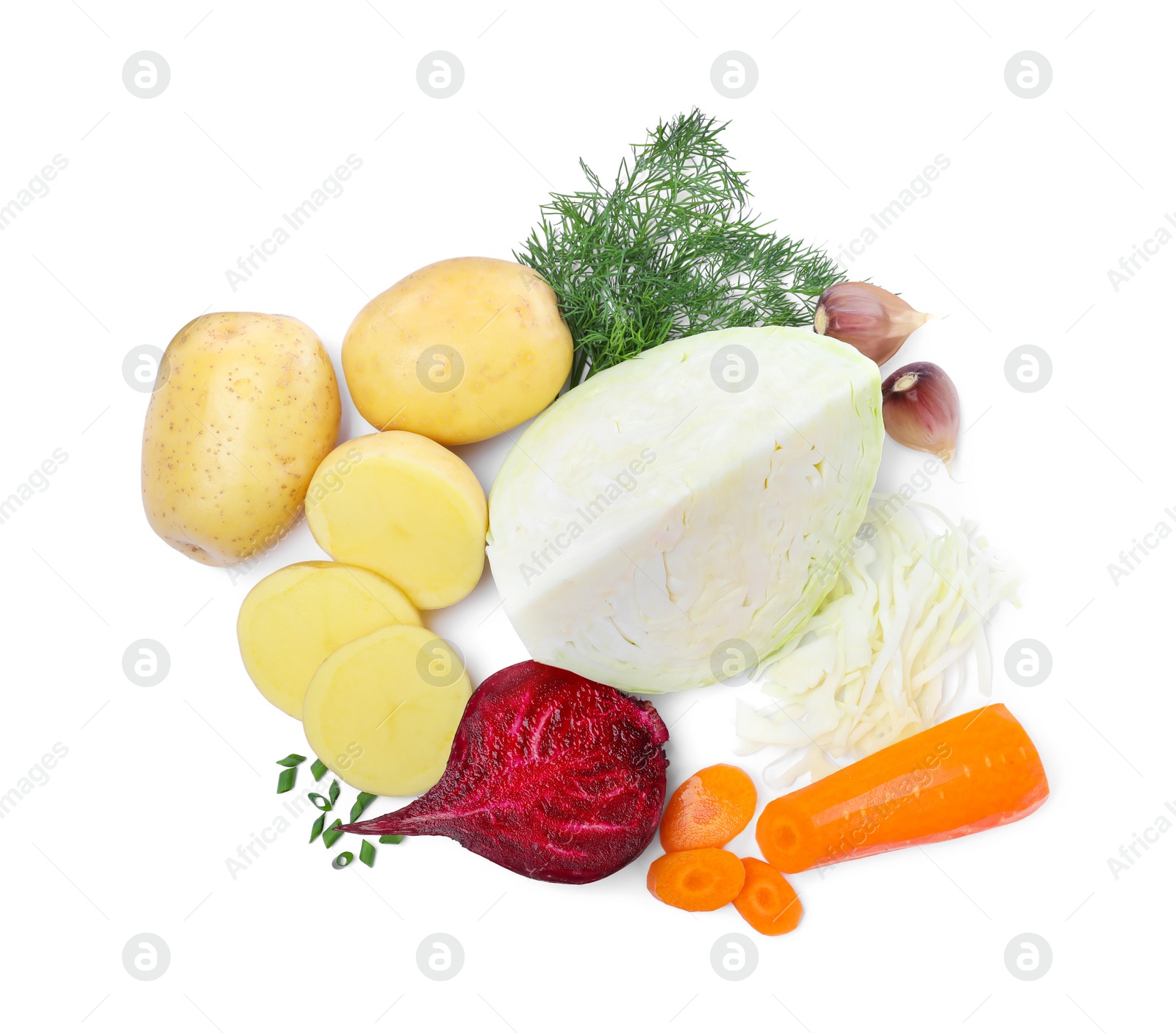 Photo of Ingredients for traditional borscht on white background, top view