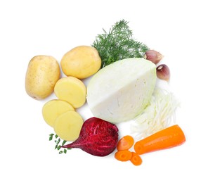 Photo of Ingredients for traditional borscht on white background, top view