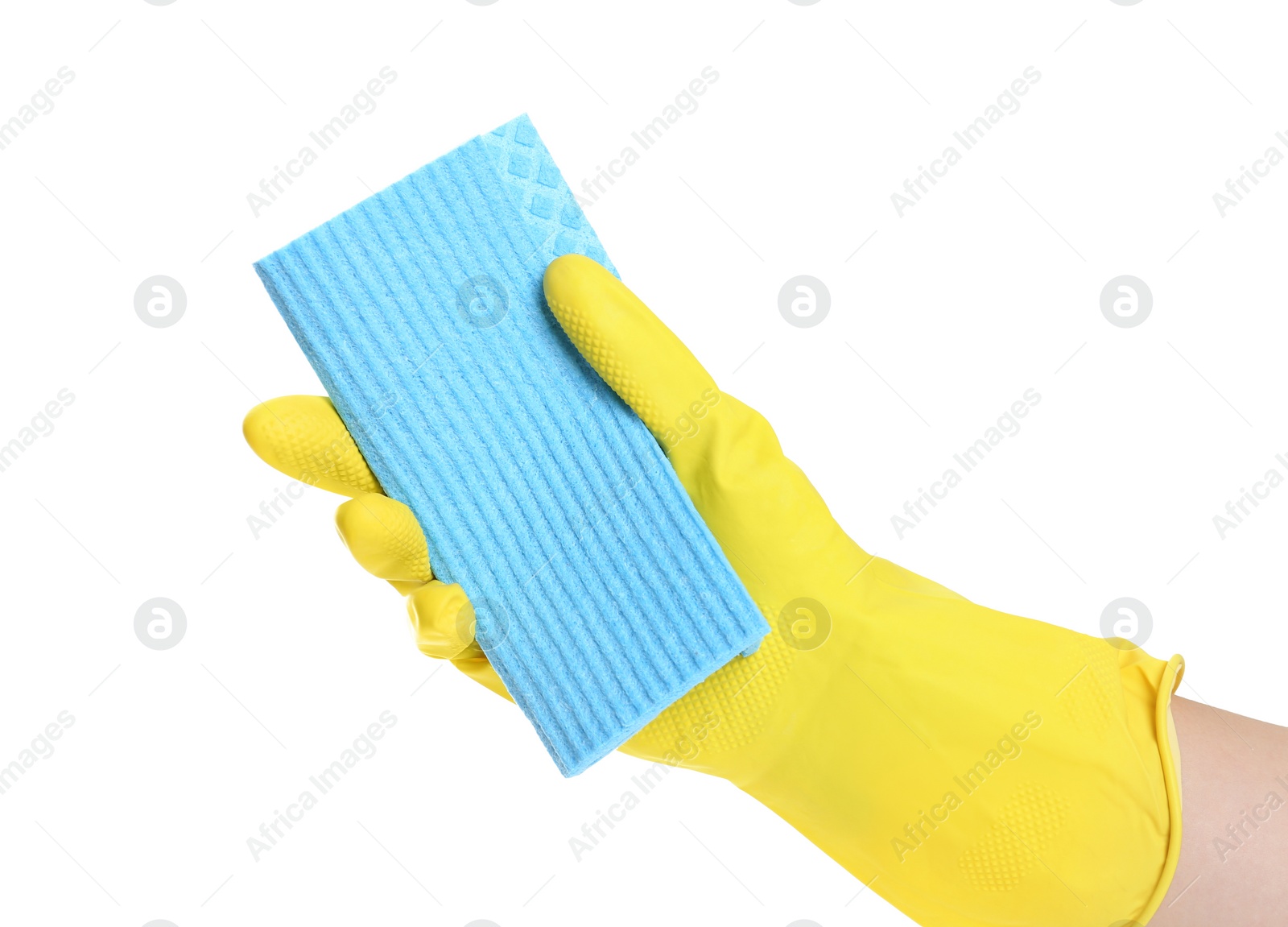 Photo of Person in rubber glove with rag on white background, closeup of hand