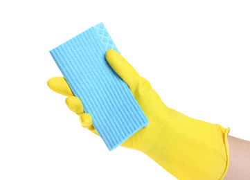 Photo of Person in rubber glove with rag on white background, closeup of hand