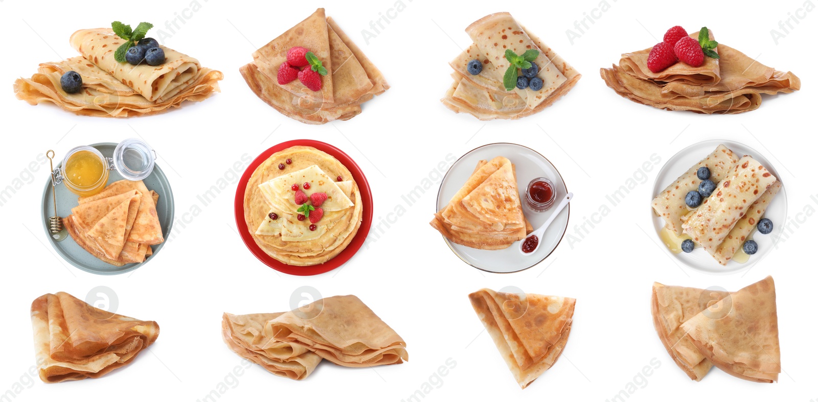 Image of Set of delicious crepes with berries, jam and honey on white background. Banner design