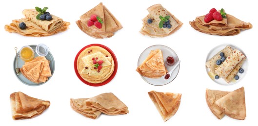 Image of Set of delicious crepes with berries, jam and honey on white background. Banner design