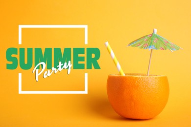 Image of Summer party. Orange with straw and small paper umbrella as cocktail on yellow background