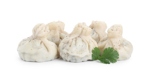 Tasty khinkali (dumplings) and spices isolated on white. Georgian cuisine