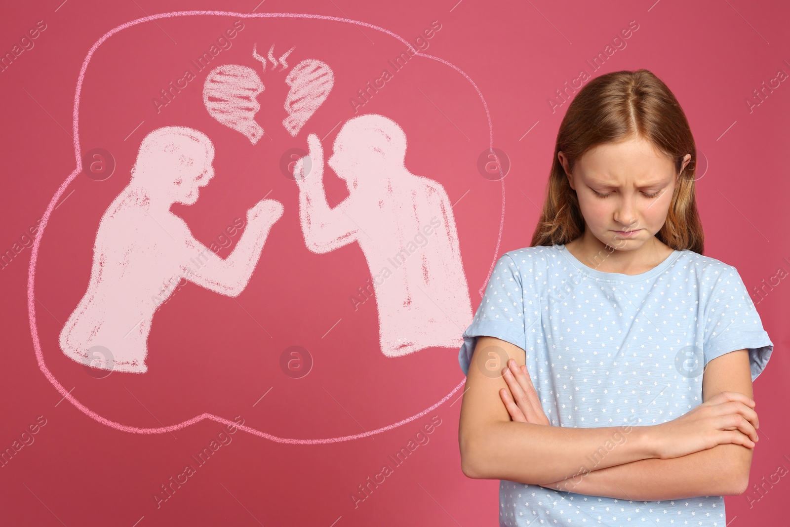 Image of Cute girl because of parents divorce on pink background. Illustration of broken heart and arguing couple