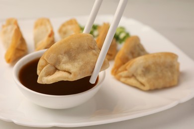 Photo of Taking delicious gyoza (asian dumpling) from plate at table, closeup