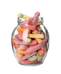 Photo of Many jelly candies in glass jar isolated on white