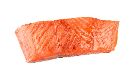 Photo of Piece of tasty grilled salmon isolated on white, top view