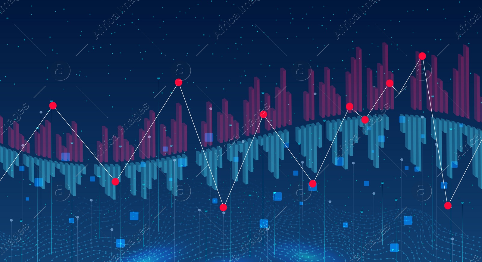 Image of Futuristic dashboard of business analytics information. Digital graphics on blue background