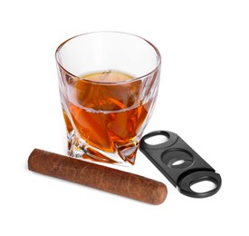 Photo of Glass of whiskey, cigar and cutter isolated on white