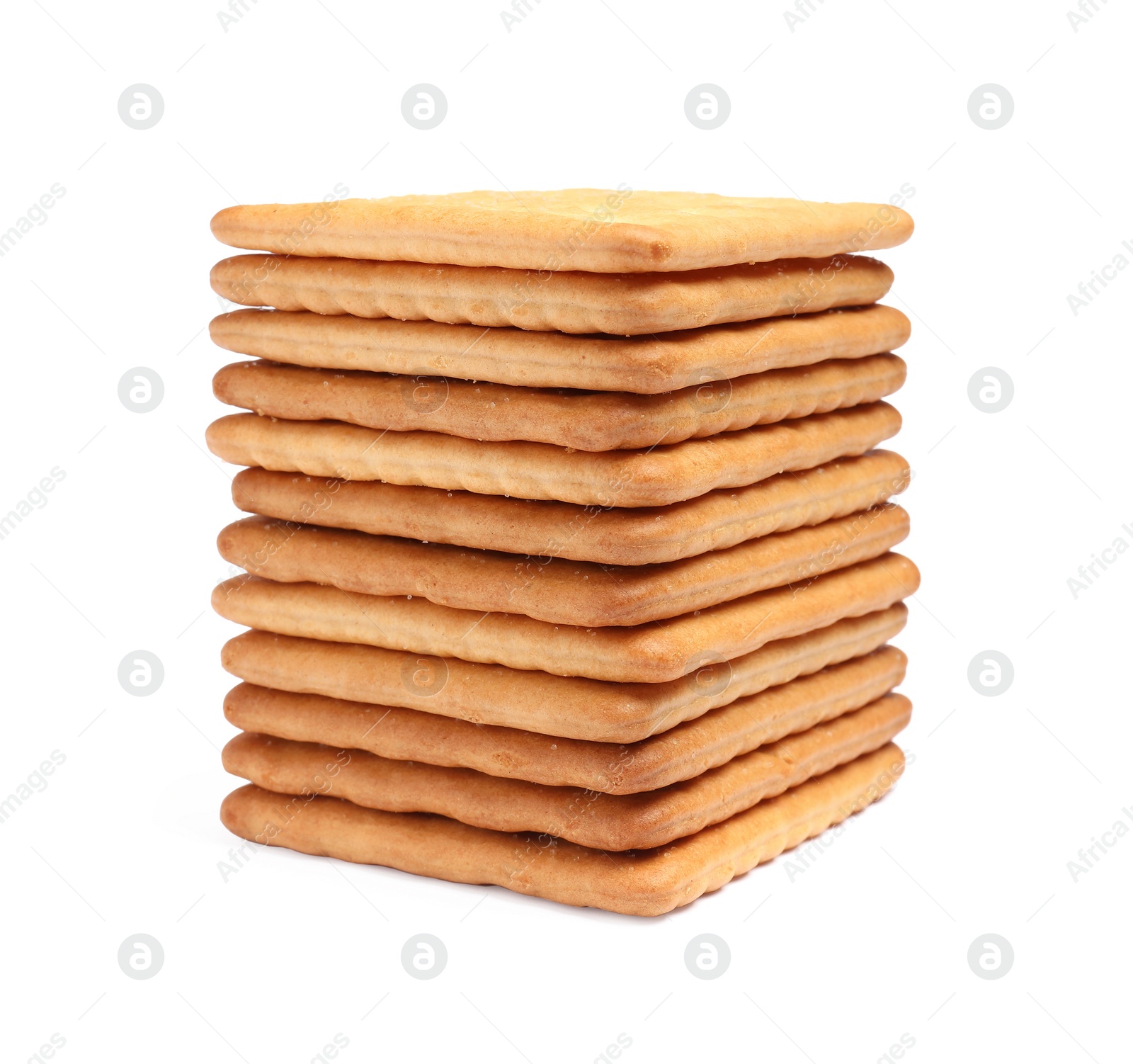 Photo of Tasty crispy square crackers isolated on white