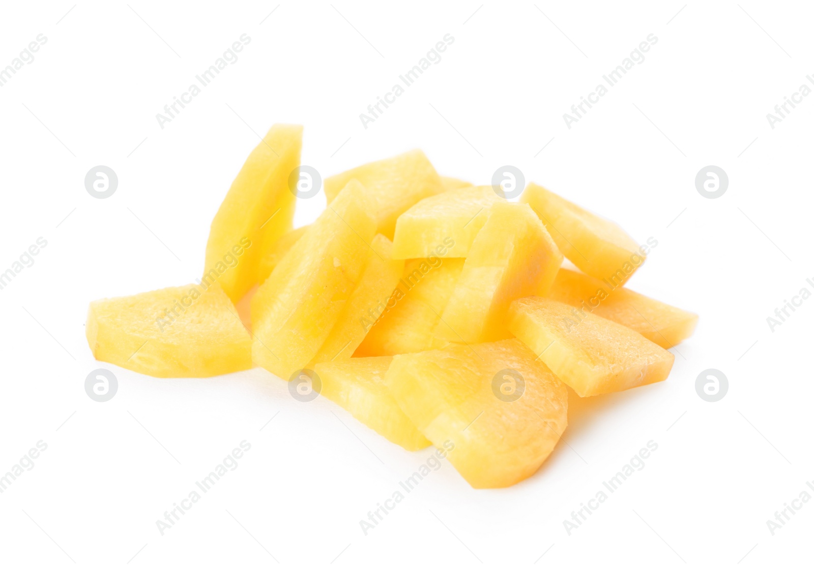 Photo of Slices of raw yellow carrot isolated on white