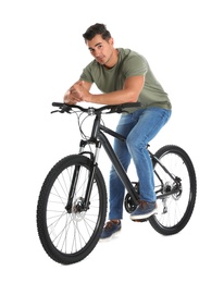 Photo of Handsome young man with modern bicycle on white background