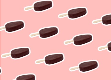 Image of Pattern with chocolate-glazed ice cream on pastel pink background