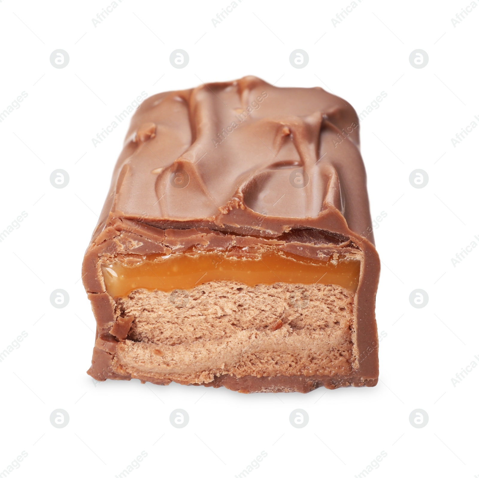 Photo of Piece of tasty chocolate bar with nougat isolated on white