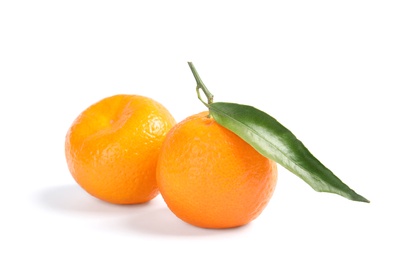 Photo of Tasty ripe tangerines on white background. Citrus fruit