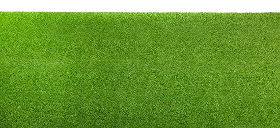 Photo of Green artificial grass surface isolated on white