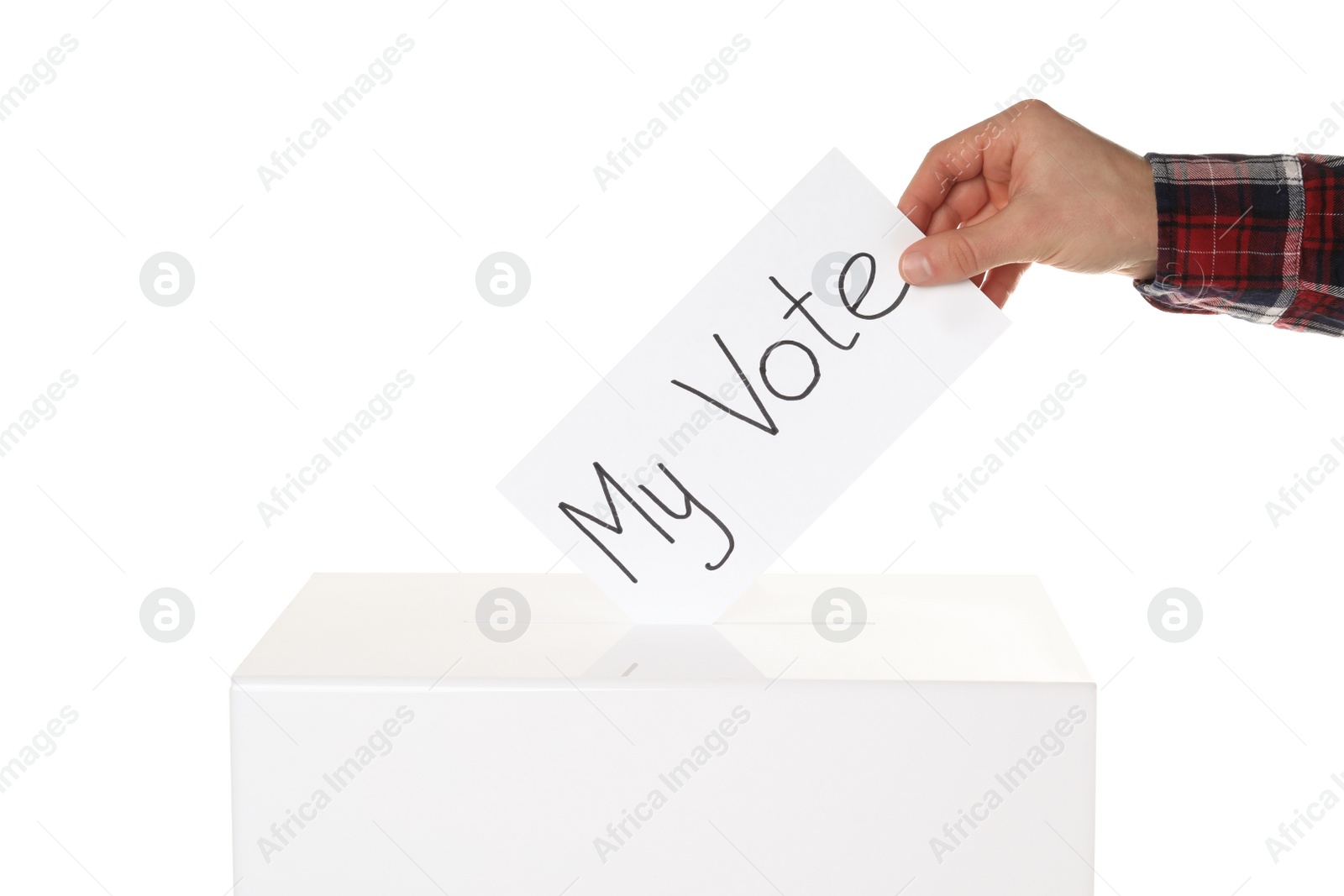 Photo of Man putting his vote into ballot box on white background, closeup