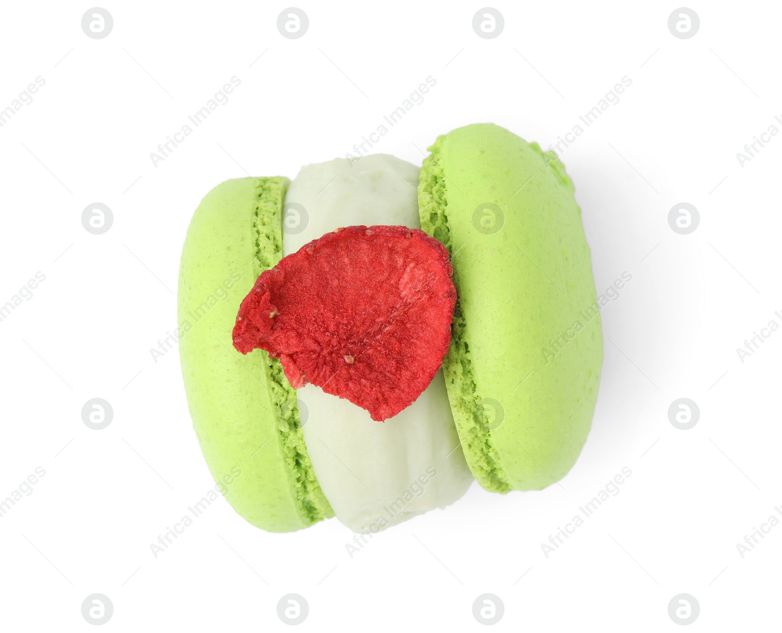 Photo of One delicious sweet macaron isolated on white, top view