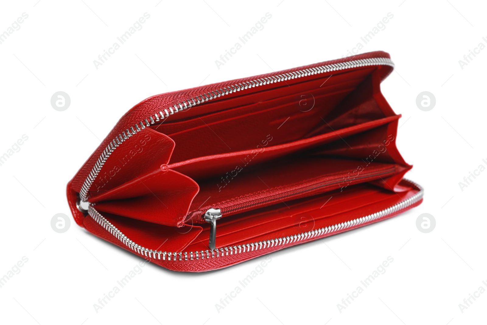 Photo of Stylish red leather purse isolated on white
