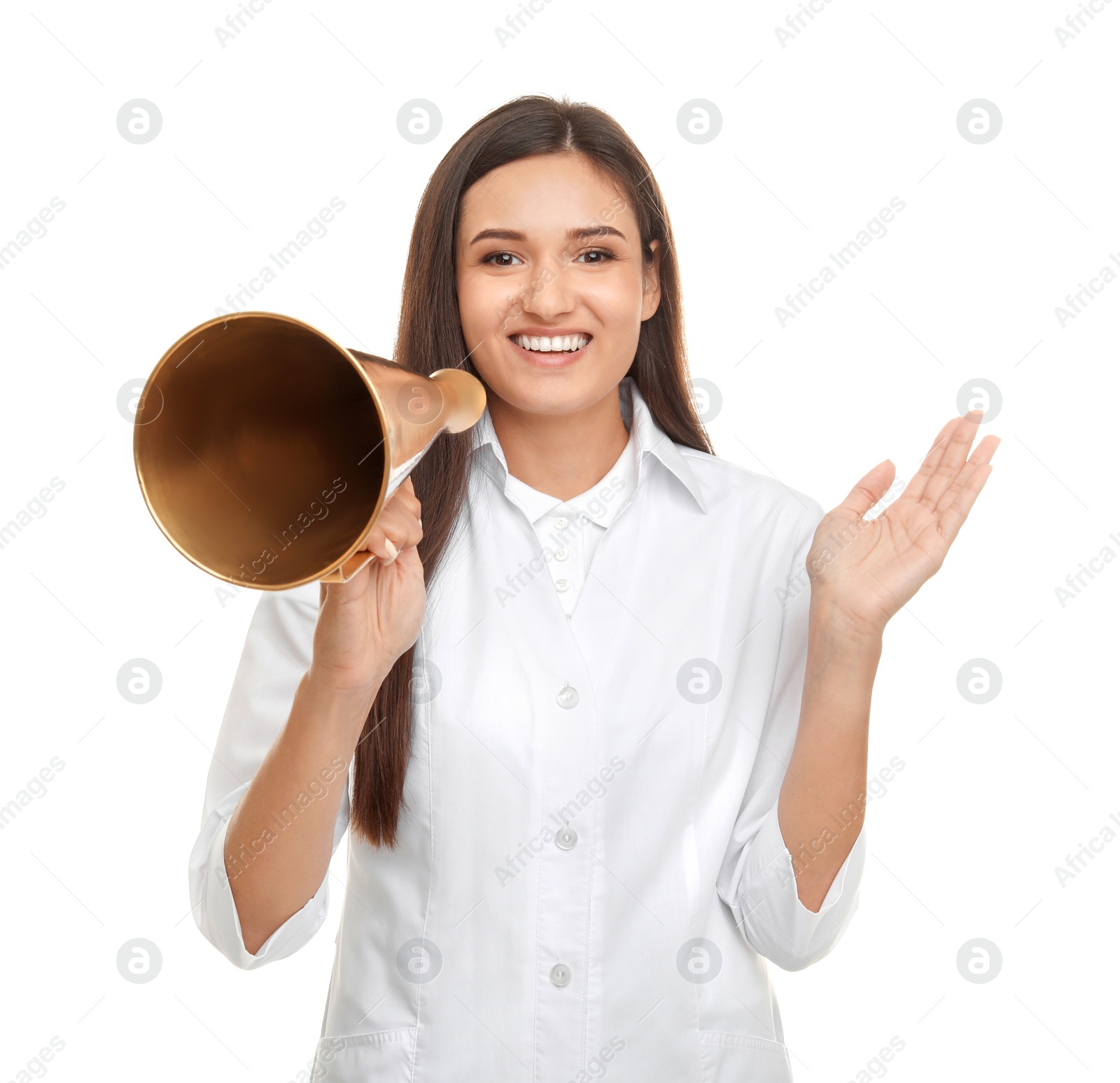 Photo of Young female doctor with megaphone on white background