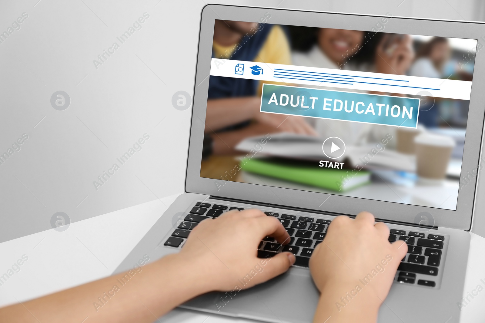 Image of Woman using laptop for online studying indoors, closeup. Adult education 