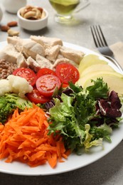 Photo of Balanced diet and healthy foods. Plate with different delicious products on table, closeup