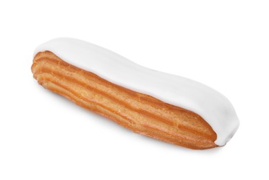 Photo of One delicious eclair covered with glaze isolated on white