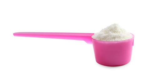 Photo of Scoop of powdered infant formula isolated on white. Baby milk