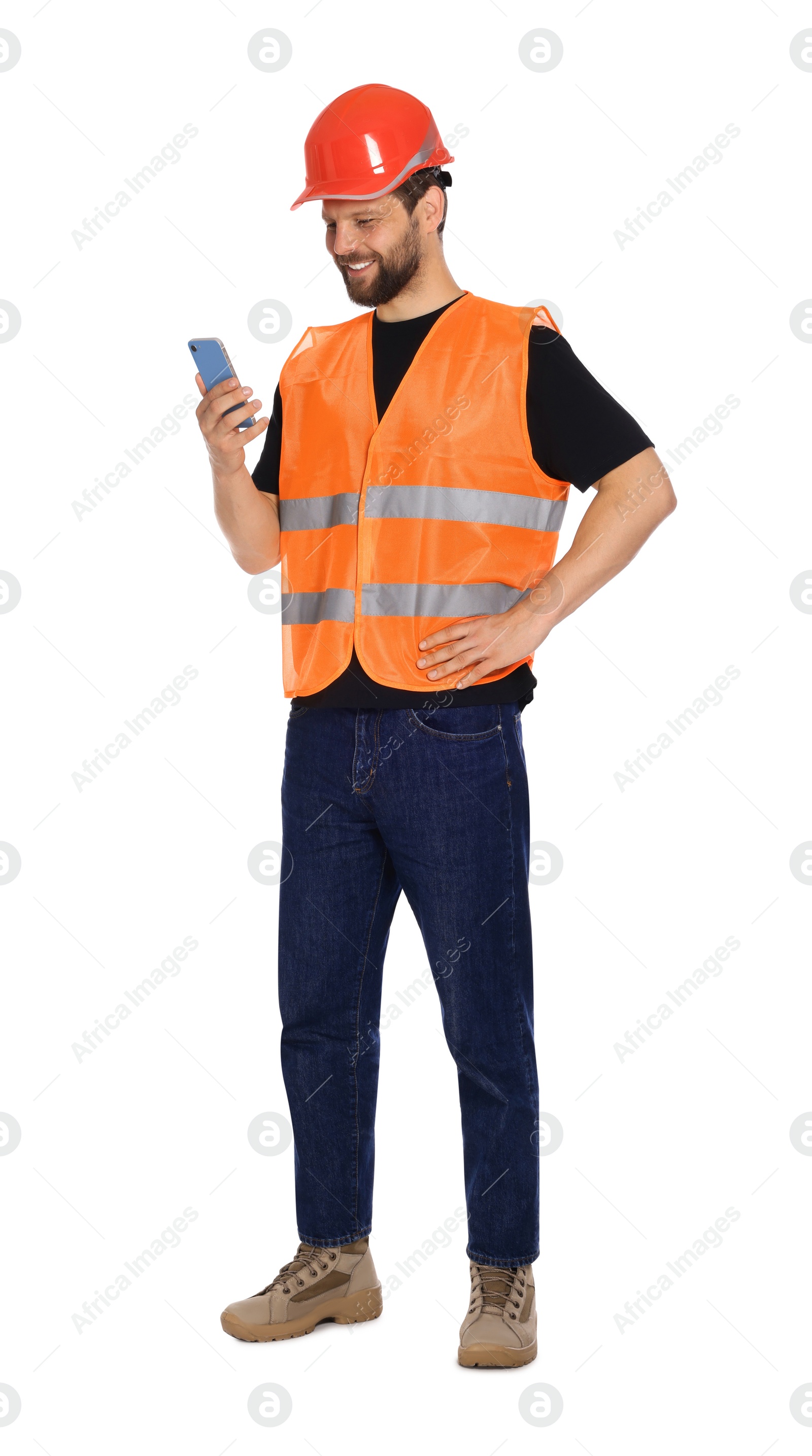 Photo of Man in reflective uniform with smartphone on white background