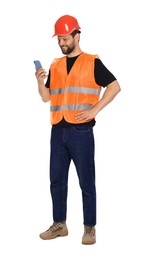 Photo of Man in reflective uniform with smartphone on white background