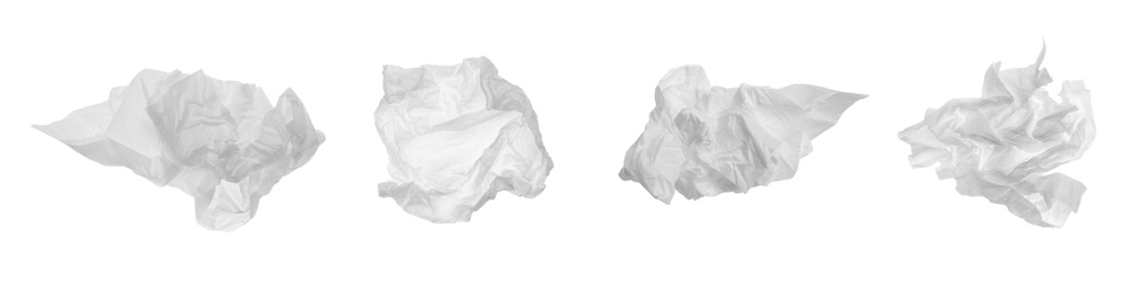 Image of Set with used crumpled paper tissues on white background. Banner design