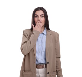 Beautiful young businesswoman in suit on white background