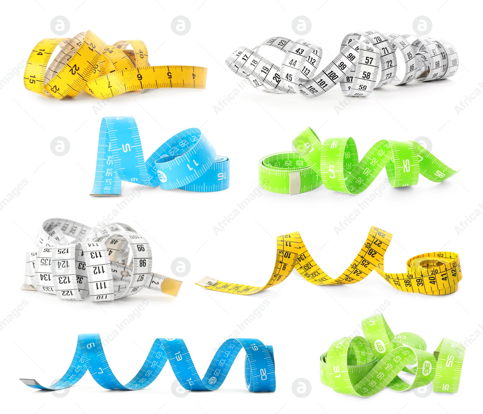 Image of Set with different measuring tapes on white background