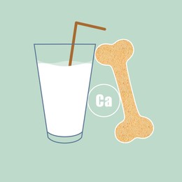 Illustration of Glass of fresh tasty milk and bone on light blue background, illustration. Source of calcium