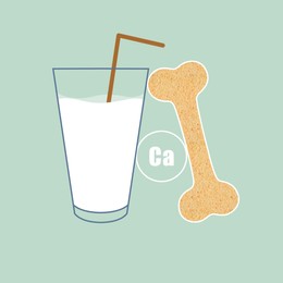 Glass of fresh tasty milk and bone on light blue background, illustration. Source of calcium