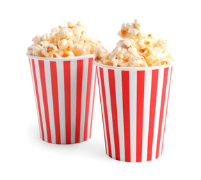 Photo of Buckets of tasty pop corn isolated on white