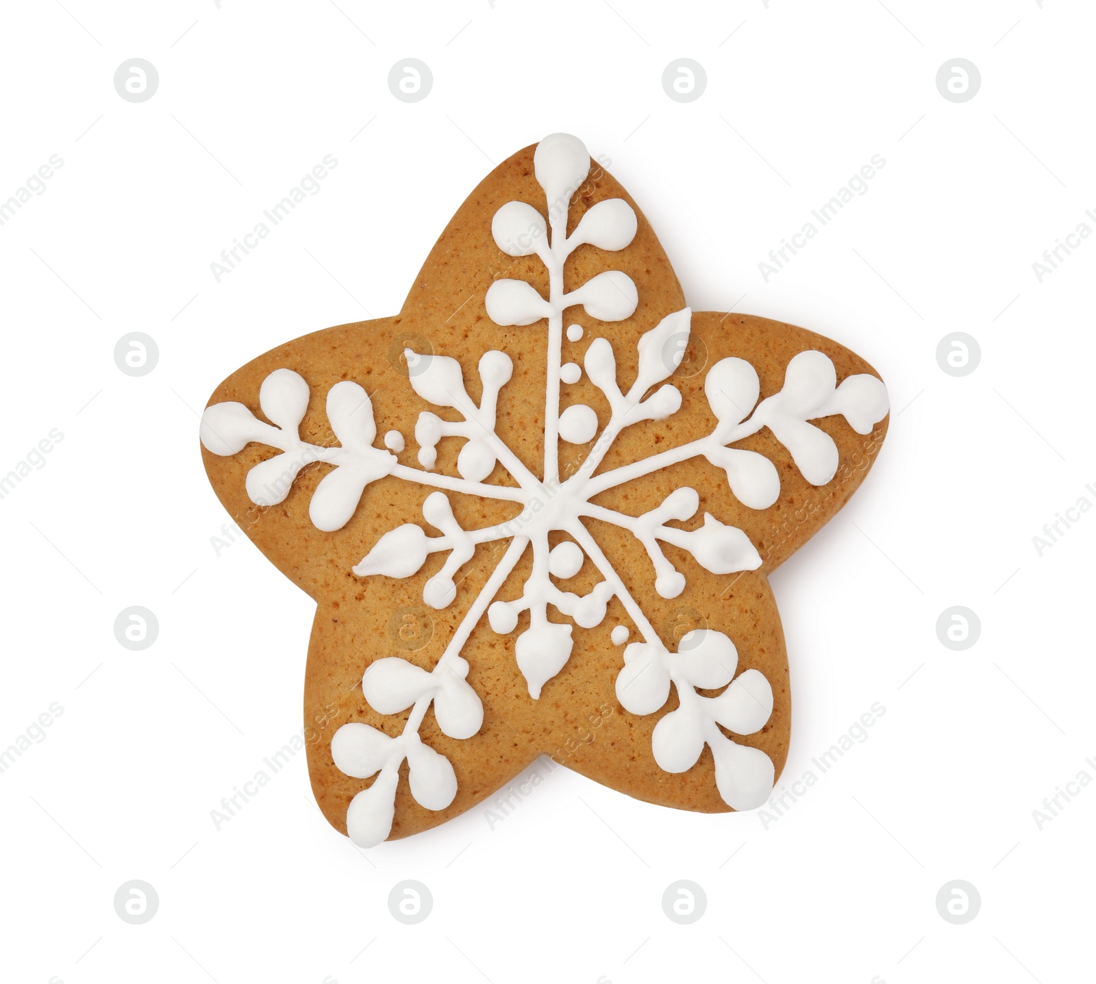 Photo of Tasty star shaped Christmas cookie with icing isolated on white, top view