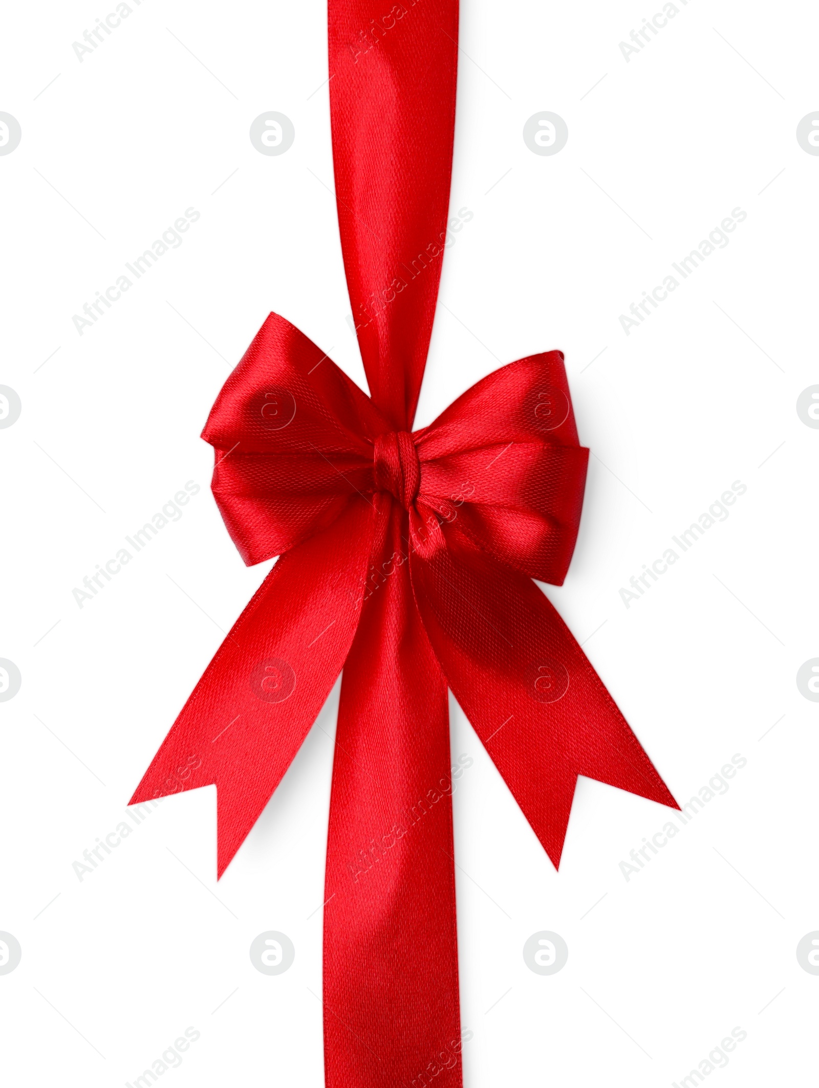 Photo of Red satin ribbon with bow isolated on white, top view