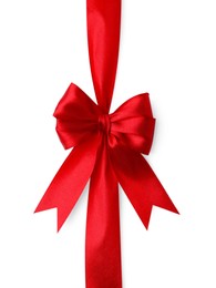 Photo of Red satin ribbon with bow isolated on white, top view