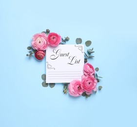 Image of Beautiful flowers and guest list on light blue background, flat lay